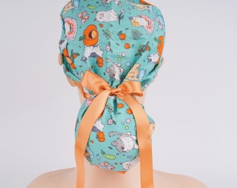 Cat & Pumpkins Ponytail Scrub Cap: Cotton Surgical Hat with Sweatband and Buttons