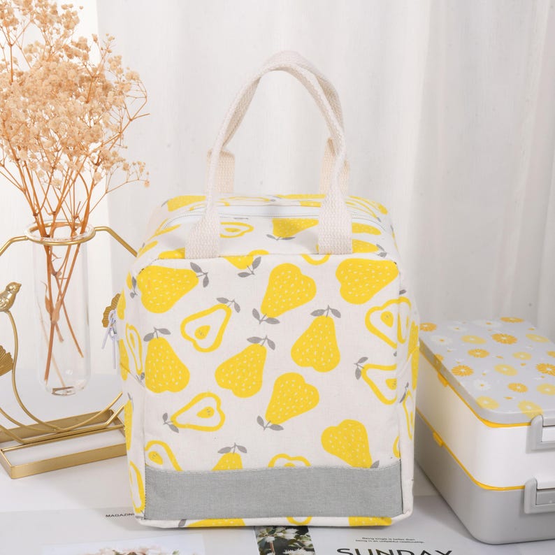 Fruit Insulated Lunch Bag: Drawstring/Zipper Closure, Cooler & Warmer Thermal Pear-square