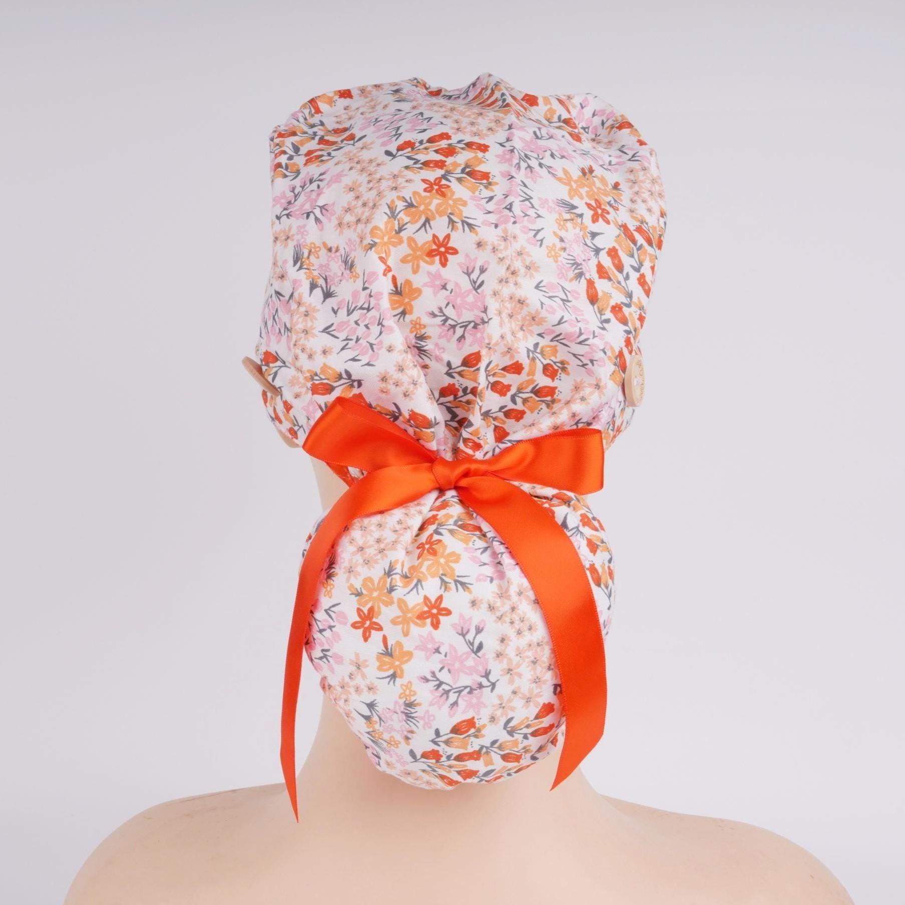 Orange Floral Handmade Cotton Scrub Cap,Spring Ponytail Scrub Cap for Long Hair, Surgical Hat with Buttons, Women’s OR Hats