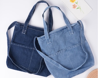 Denim Canvas Tote with Crossbody Strap-Zipper, 2 Front Pockets, Denim Messenger Bag for College, Shopping, Travel, Graduation Gift