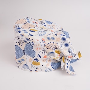 Butterflies and Flowers Scrub Cap with Tie Back, Pixie Scrub Hat, Surgical Cap w/ Sweat Band, 100% Cotton, Medical Hat