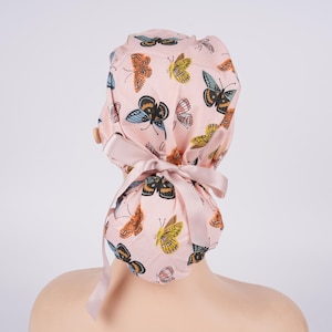 Butterfly Scrub Cap: Cotton Surgical Hat with Buttons & Ponytail Pouch