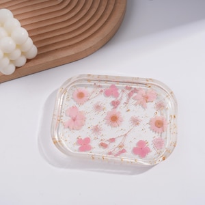 Pink Pressed Flower Resin Tray,Rectangle Trinket Dish with Gold Leaf,Resin Decorative Tray,Gifts for Her-Currently out of stock