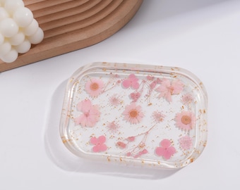 Pink Pressed Flower Resin Tray,Rectangle Trinket Dish with Gold Leaf,Resin Decorative Tray,Gifts for Her-Currently out of stock