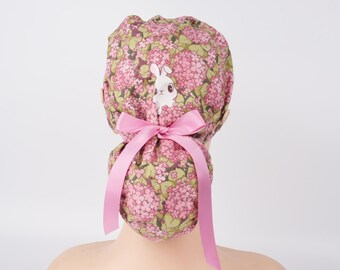 Hydrangea Bunny Ponytail Scrub Cap: Cotton Surgical Hat with Buttons