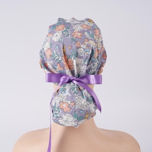 Purple Cotton Ponytail Scrub Cap: Handmade Surgical Hat with Buttons