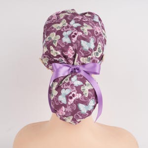Purple Butterfly Ponytail Scrub Cap: Surgical Hat with Buttons & Sweatband