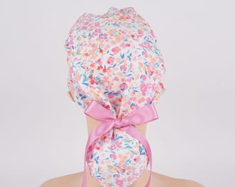 Watercolor Floral Ponytail Scrub Cap,Pink Surgical Hat with Buttons, Handmade Cotton Scrub Cap for Long Hair, Women’s OR Hats