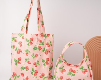 Pink Strawberry Floral Bag: Mini Slouch Bag & Large Shoulder Bag, Fruit Tote Bag, Graduation Gift