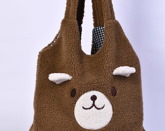 Fluffy Tote Bag with Bear Face: 2 Inside Pockets & Snap Closure, 18'' x 12'', Soft Soft Plush Bag, Gift for Her, Mother's Day Gift