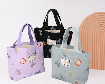 Butterfly Embroidery Mini Tote Bag: Canvas Handbag with 1 Inside Pocket, Open Top, Graduation Gift