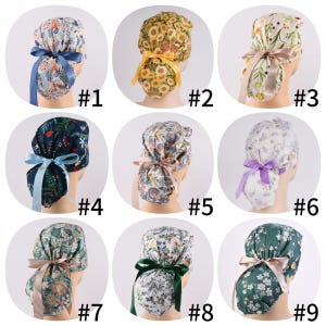 May include: Nine different patterned surgical caps with a ribbon tied at the back. The caps are in various colors and patterns, including floral, geometric, and abstract designs.