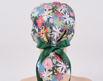 Tropical Flowers Ponytail Scrub Cap,Surgical Hat with Buttons & Sweatband,Women’s OR Hat,Handmade, 100% Cotton