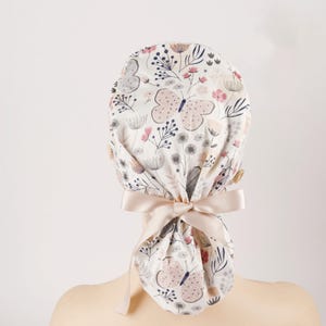 Butterfly and Flowers Scrub Caps, Surgical Cap with Buttons,Spring Ponytail Caps for Women, Handmade Cotton OR Hats, Adorable Ponytail Hat