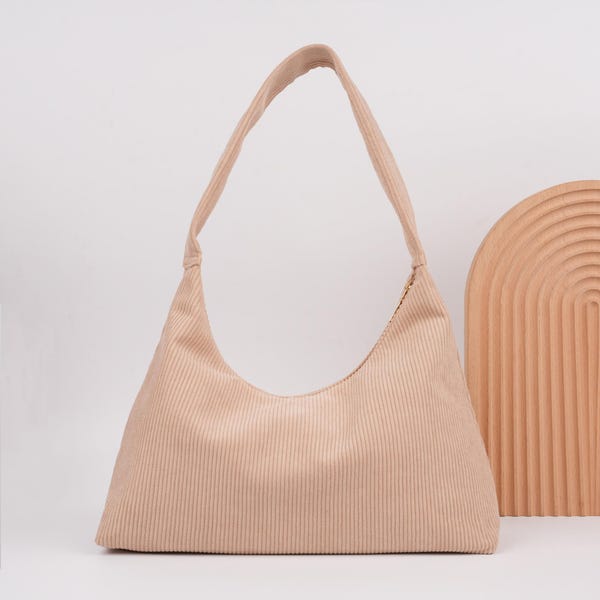 Retro Corduroy Hobo Bag,Medium Shoulder Bag,Crescent Bag with Zipper,Commuter Bag,Everyday Tote,