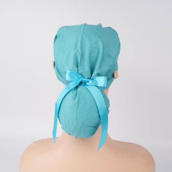 Turquoise Blue Ponytail Scrub Cap: Handmade Cotton Surgical  display picture 3