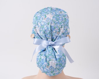 Gorro quirúrgico azul con estampado floral y coleta: banda para el sudor y botones, gorro quirúrgico de algodón, gorro de enfermera con estampado animal.