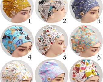 Handmade Cotton Bouffant Scrub Cap: Surgical, Vet, Chemo - Button Options