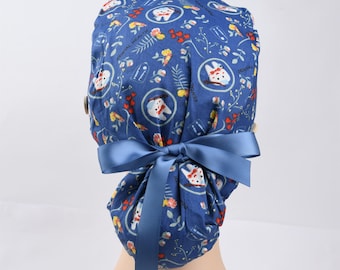 Tooth Print Ponytail Scrub Cap,Blue Dental Surgical Hat for Women, Handmade Cotton Scrub Hat with Buttons,Dental Hygiene
