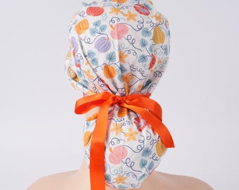 Colorful Pumpkins Ponytail Scrub Cap: Handmade Cotton Surgical Hat