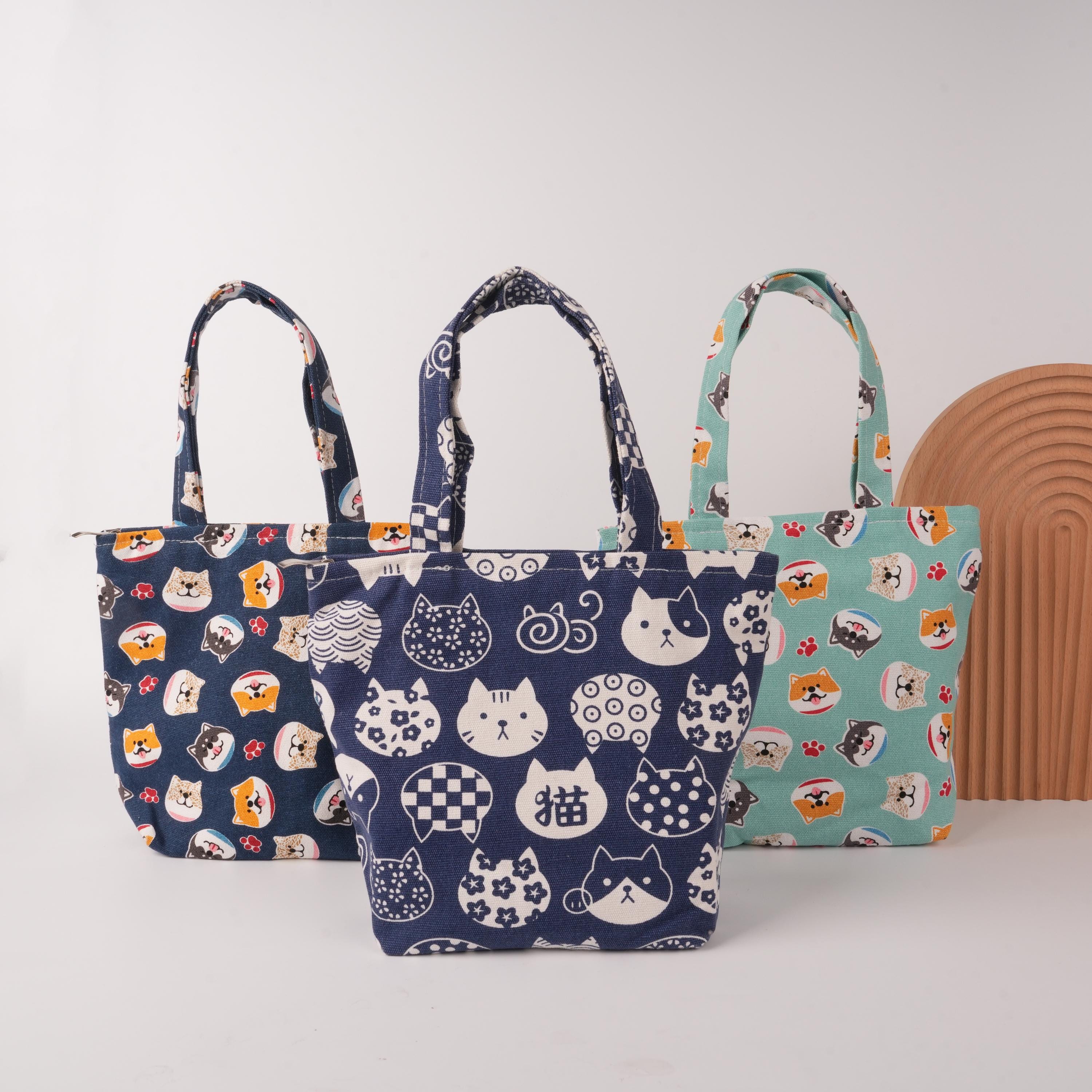 Japanese Cat & Shiba Inu Canvas Tote Bag: Mini Fabric Handbag