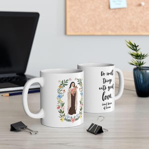 Saint Therese of Lisieux Floral Mug | Do Small Things With Great Love Quote | Catholic Coffee Cup | Inspirational Faith Gift | Christian Mug
