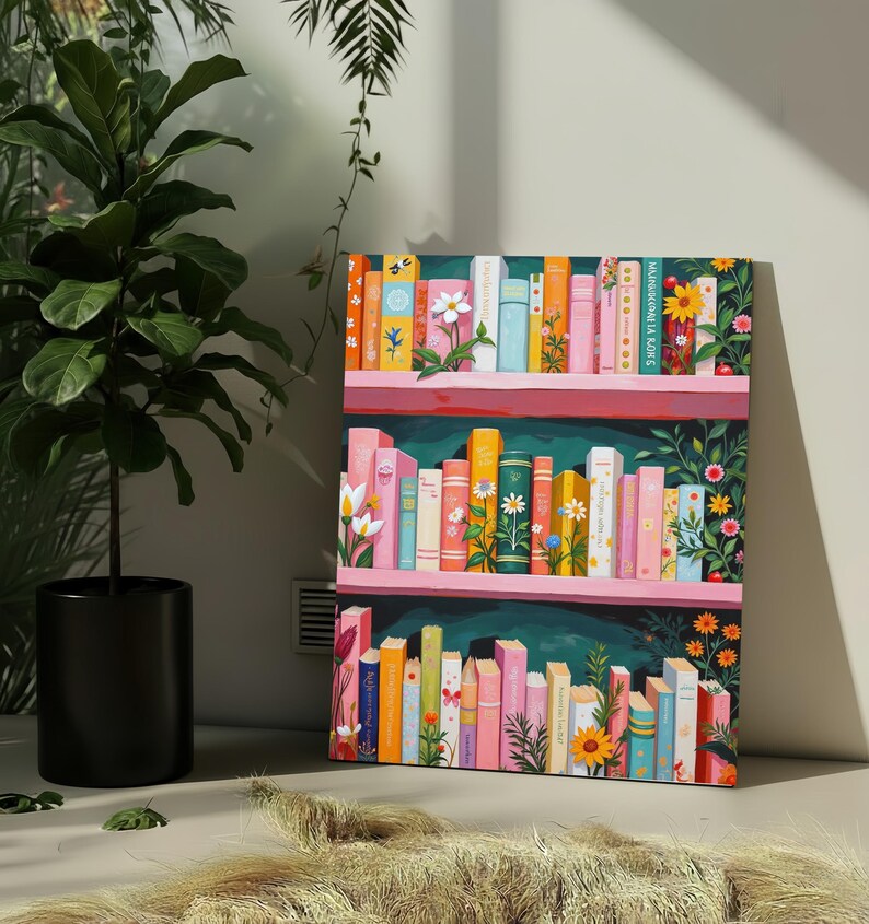 May include: A colorful bookshelf art print featuring rows of books with floral and botanical designs. The books are arranged on pink shelves against a dark green background. The artwork includes daisies, sunflowers, and other flowers.