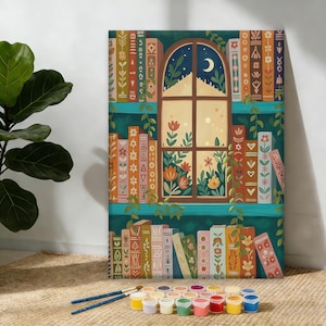 Bohemian Bookshelf Paint by Numbers Kit, DIY Whimsical Library Art for Reading Nooks Book Lovers, Book Lover Gift, Lucky Bookshelf Art