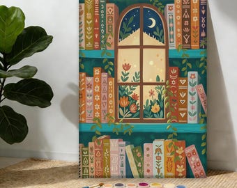 Bohemian Bookshelf Paint by Numbers Kit, DIY Whimsical Library Art for Reading Nooks Book Lovers, Book Lover Gift, Lucky Bookshelf Art