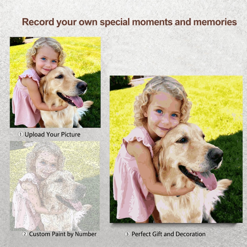 Op de afbeelding: Een jong meisje met blond krullend haar omhelst een golden retriever. Het meisje draagt een roze jurk. De afbeelding maakt deel uit van een paint-by-number kit, met de tekst "Record your own special moments and memories".