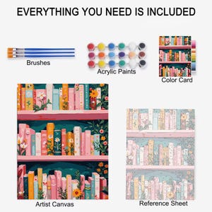 May include: An art kit with everything needed, including brushes, acrylic paints, and a color card. The kit features an artist canvas and a reference sheet with a floral bookshelf design. The text "EVERYTHING YOU NEED IS INCLUDED" is at the top.