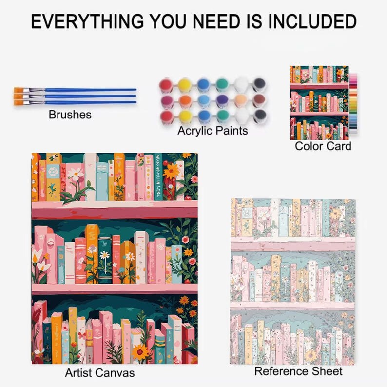 May include: An art kit with everything needed, including brushes, acrylic paints, and a color card. The kit features an artist canvas and a reference sheet with a floral bookshelf design. The text "EVERYTHING YOU NEED IS INCLUDED" is at the top.