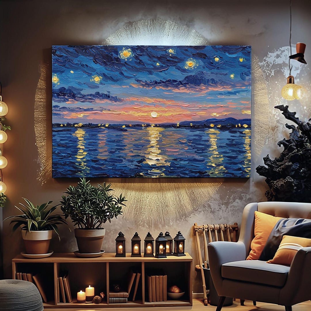 Sea Night Sky Wall Art, Full Moon and Stars Wall Art, Watercolor ...