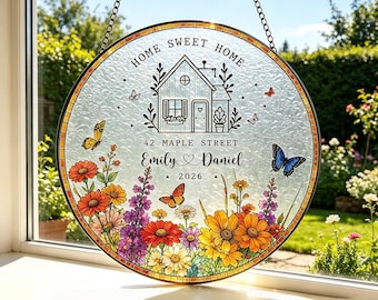 Personalized Home Sweet Home Stained Glass Suncatcher, Custom Family Name Window Hanging, New Home Blessing & First Housewarming Gift
