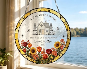 Personalized Home Sweet Home Stained Glass Suncatcher, Custom House Window Art, Family Name Keepsake & Housewarming Gift, First Home Gift