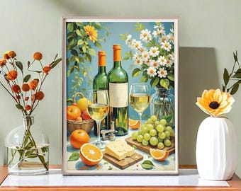 Wine Still Life Paint by Numbers, European Dining Scene with Green Bottles, Citrus & Cheese Board, Kitchen Art for Wine Lovers Home Decor