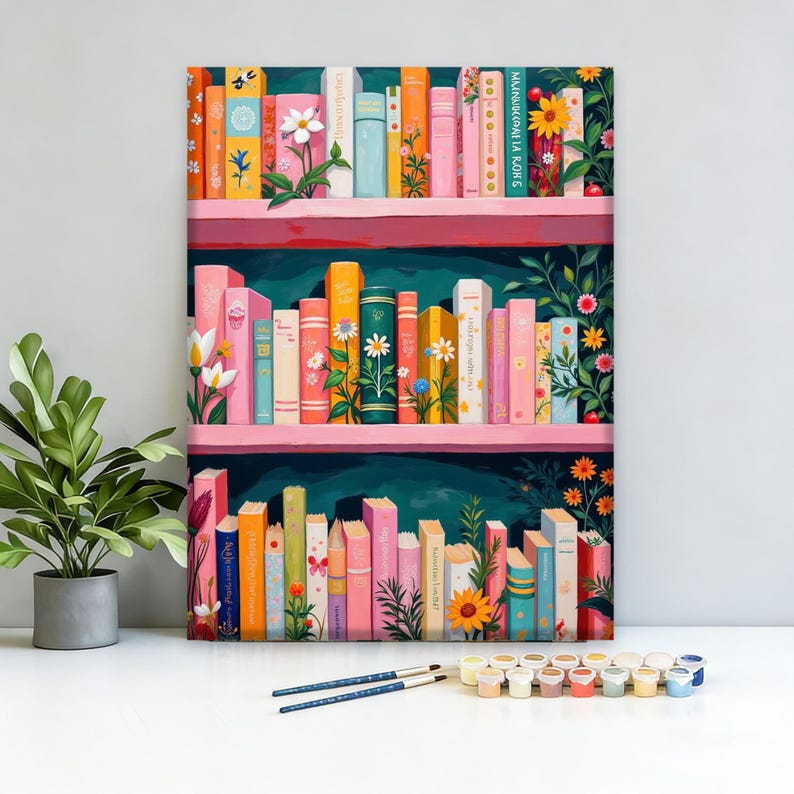 Whimsical Floral Bookshelf Paint by Numbers Kit | Colorful Floral Library Scene | DIY Reading Corner Art for Book Lovers & Home Decor image 3