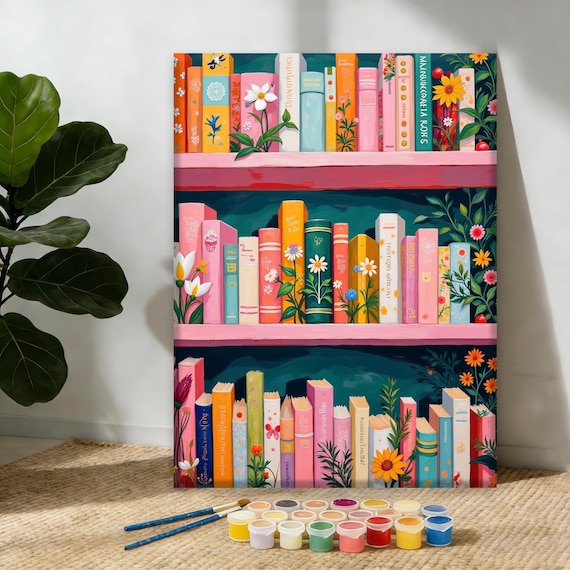 Whimsical Floral Bookshelf Paint by Numbers Kit | Colorful Floral Library Scene | DIY Reading Corner Art for Book Lovers & Home Decor