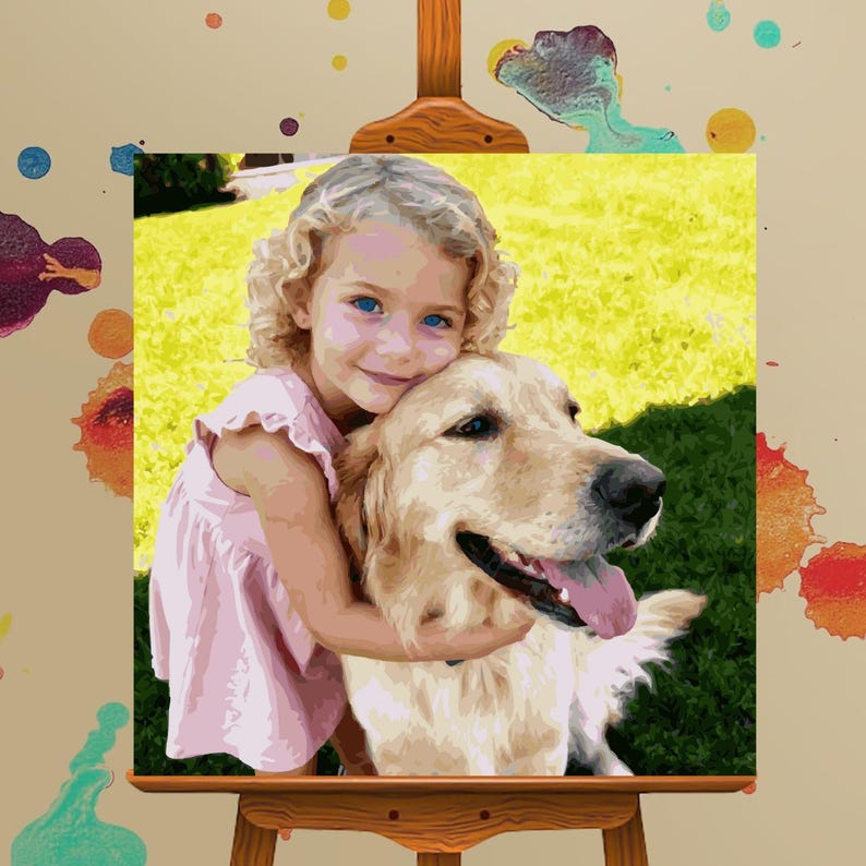 Op de afbeelding: Schilderij van een jong meisje met blauwe ogen dat een golden retriever omhelst. Het meisje draagt een roze jurk en glimlacht. De hond steekt zijn tong uit. De achtergrond is een grasveld.