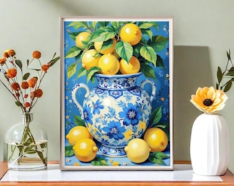 Mediterranean Lemon Paint by Numbers, Blue & White Vase with Fresh Citrus Branches, Paint by Numbers for Adults,  Painting Kit on Canvas