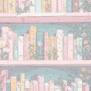 May include: A paint-by-numbers kit featuring a bookshelf scene with books, flowers, and foliage. The color palette includes pastel pinks, blues, yellows, and greens. Numbers are visible on the books and flowers, indicating the paint colors to be used.