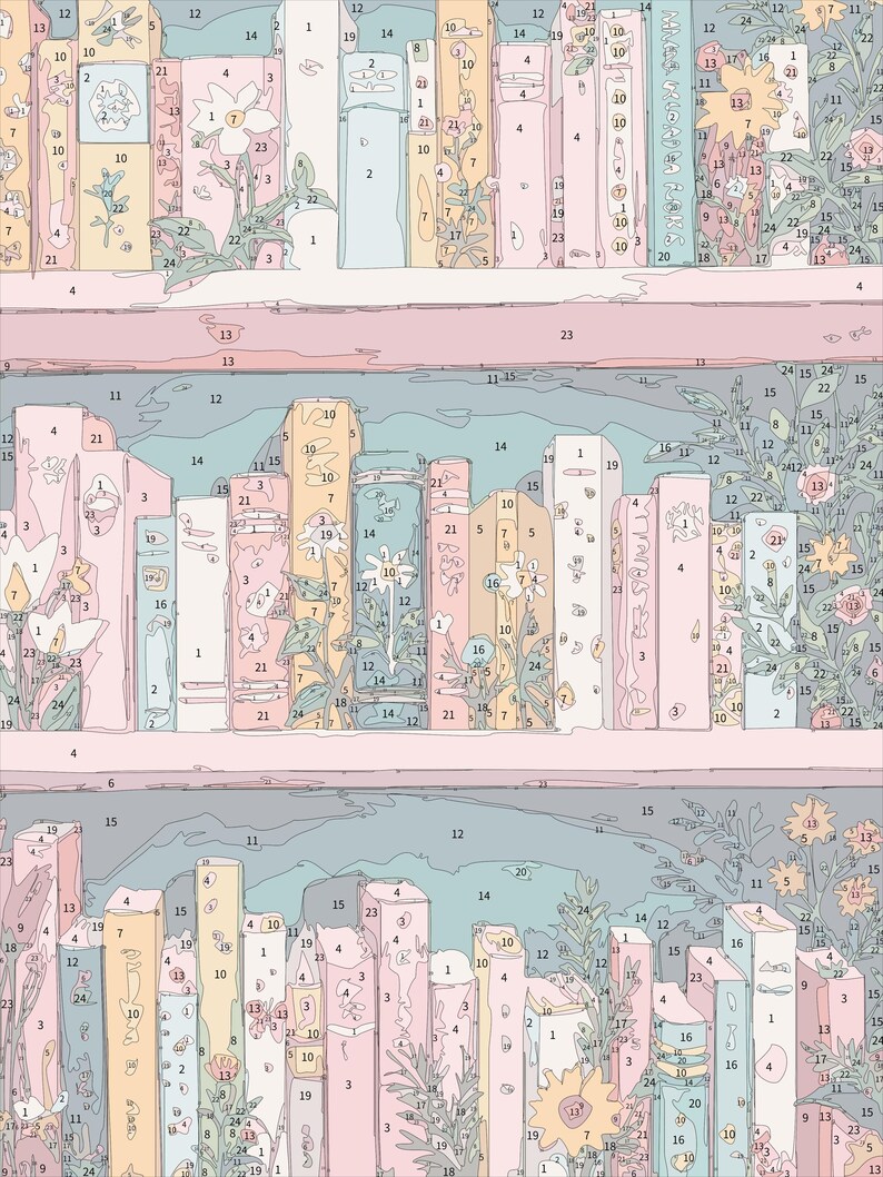 May include: A paint-by-numbers kit featuring a bookshelf scene with books, flowers, and foliage. The color palette includes pastel pinks, blues, yellows, and greens. Numbers are visible on the books and flowers, indicating the paint colors to be used.