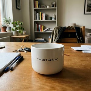 Op de afbeelding: Een witte keramische mok met een afgeronde basis en een rechte rand, voorzien van de zwarte tekst "I'm not behind." op de voorzijde. De mok heeft een gladde afwerking en staat op een houten ondergrond.