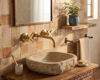 Grifo mural de latón sin lacar, grifo de lavabo con manija en cruz marroquí, caño de baño de estilo vintage, grifo de latón antiguo para lavabo de piedra.