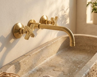 Grifo mural de latón sin lacar, grifo de lavabo con manija en cruz marroquí, caño de baño de estilo vintage, grifo de latón antiguo para lavabo de piedra.