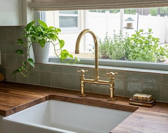 Solid Brass Bridge Faucet – Unlacquered Kitchen Tap, High Arc Swivel Spout, Moroccan Craftsmanship