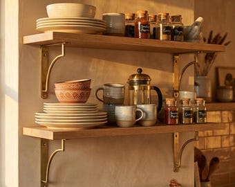 Solid Brass Shelf Brackets, Heavy Duty Decorative Gold Wall Brackets for Open Shelving, Elegant Arched Brass Support - Small, Medium, Large