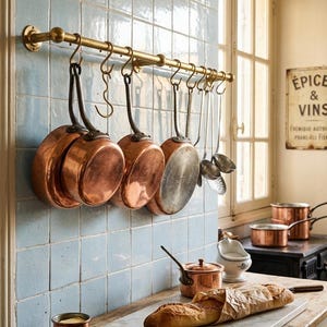 Unlacquered Brass Pot Rail with S-Hooks – Solid Brass Kitchen Hanging Rack.