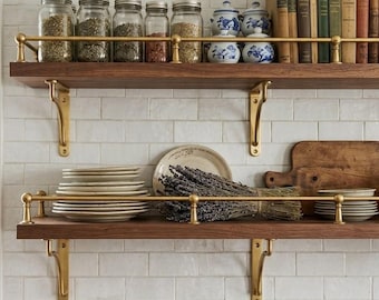 Juego de riel de galería y soporte para estante noble de latón macizo, riel de cocina de latón sin lacar, herrajes para estantes flotantes de estilo vintage, longitud personalizada