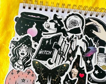50 Magical Witch Stickers (9) Black & White Evil Eye Potion Bottle Wizard Kindle Sticker Pack Mystery Vinyl Sticker, Water bottle